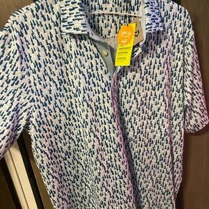 Puma Men's Blue and White Pattern Polo